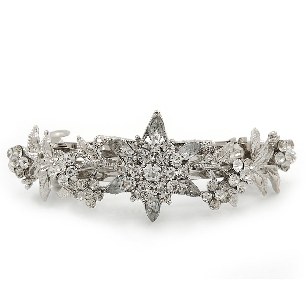 Bridal Wedding Prom Silver Tone Diamante 'Daisy Flower' Barrette Hair Clip Grip - 85mm Across