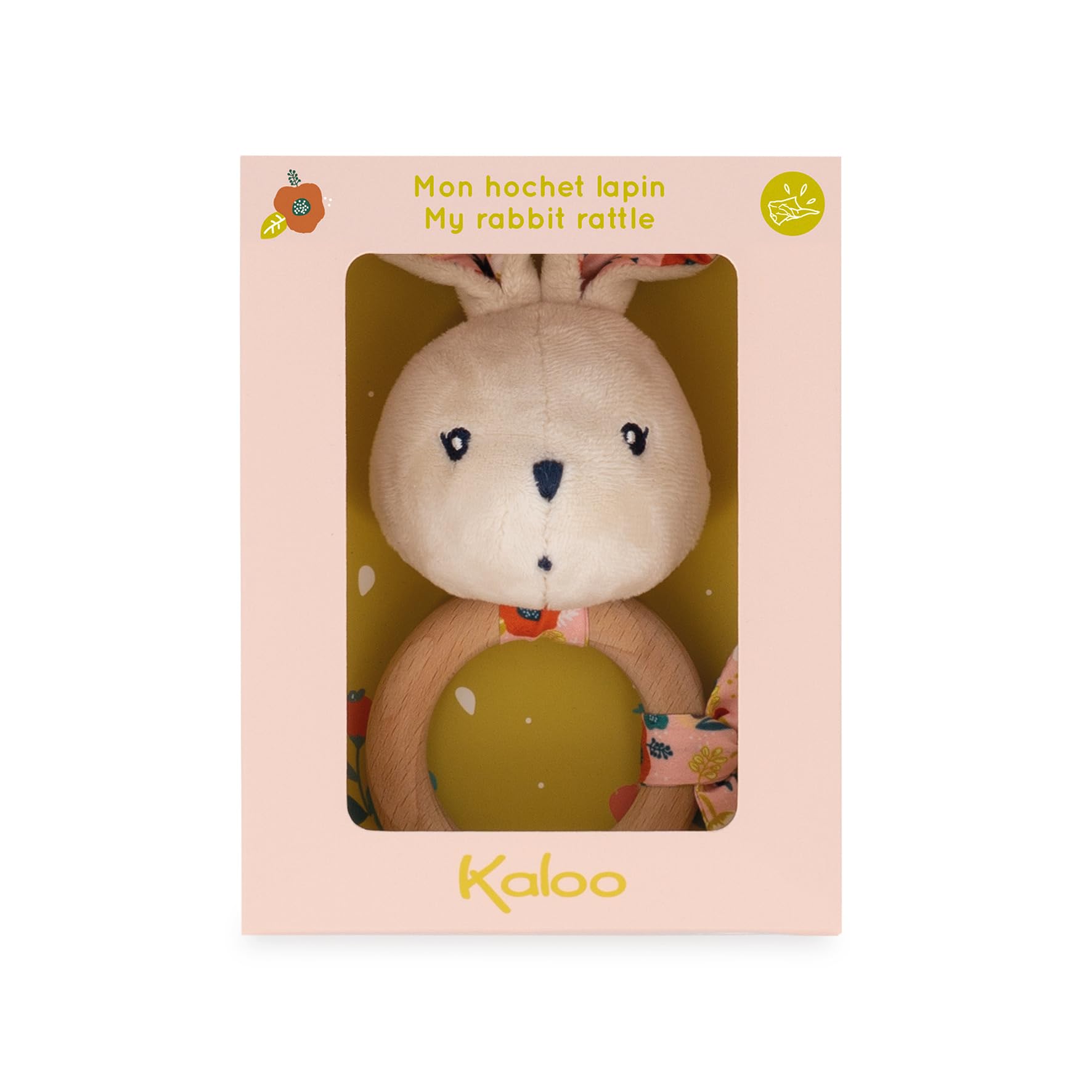 Kaloo - K'doux - Baby Rattle - FSC Wood Ring - Rabbit Plush with Rustling Paper - Promotes Development - Stimulates The Senses - Poppy Pattern - 0 Months +, K216002