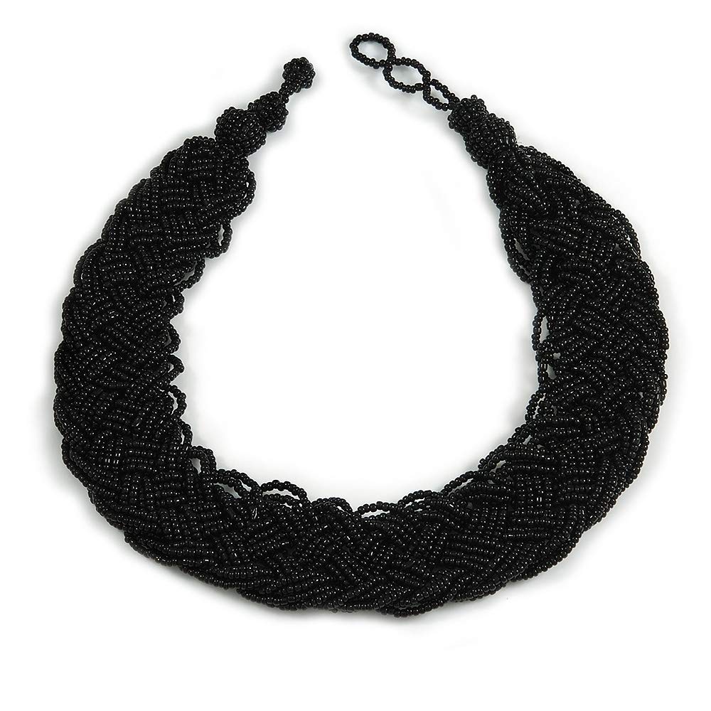 Avalaya Chunky Wide Black Glass Bead Plaited Necklace/ 53cm L