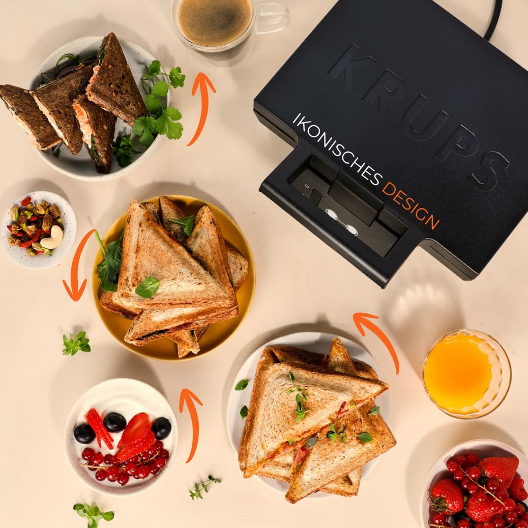 KRUPS FDK461 Sandwichmaker – Dreiecks-Sandwichtoasts, Keramik-Antihaftplatten, 850W, extra tiefe Form für leckere Gourmet-Sandwiches, schnelles Erhitzen, platzsparend, schwarz 5