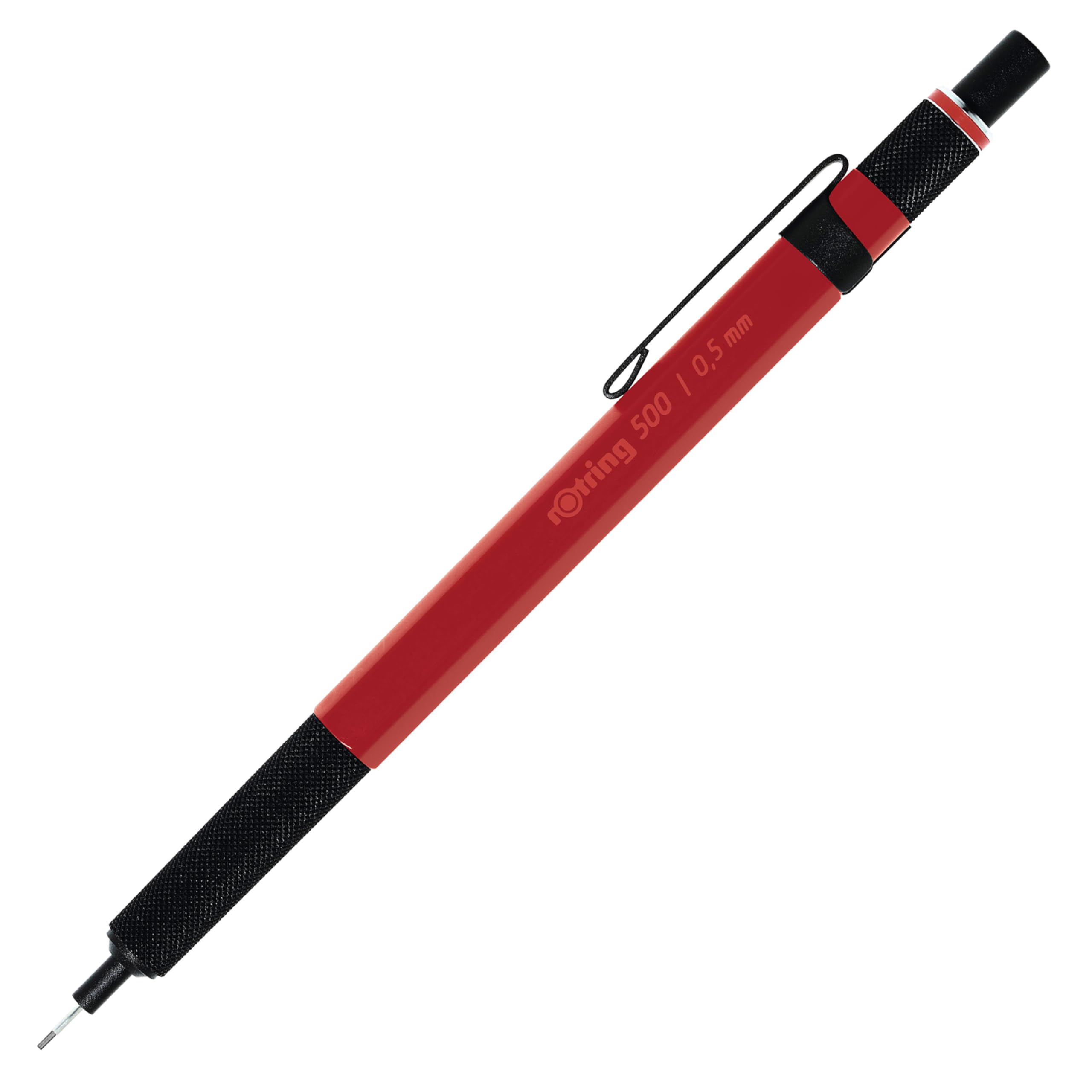 rOtring 500 Mechanical Pencil | 0.5mmHB Lead | Red hexagonal plastic barrel and non-slip textured metal grip