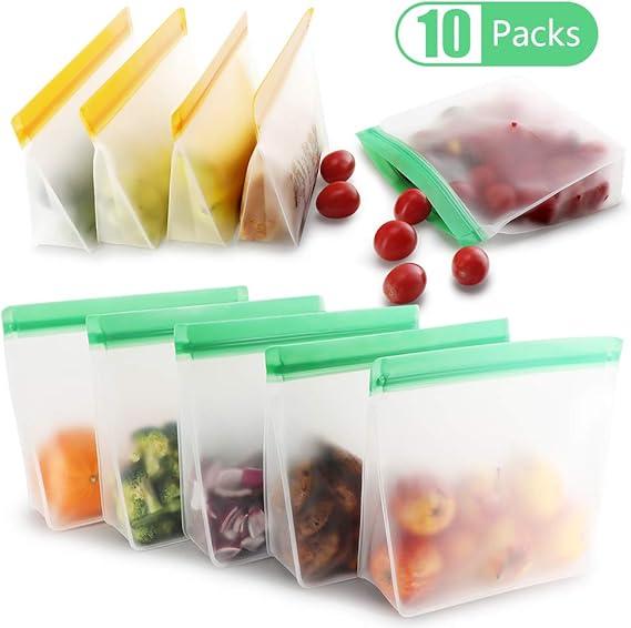 Reusable Food Storage Bags 10 Packs Sustainable Sandwich Bag PEVA Extra Thick Eco Friendly Leak