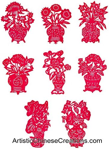 Chinese Paper Cuts - Flowers in Vase (Set of 8) 100% Hand Crafted Paper Cutouts