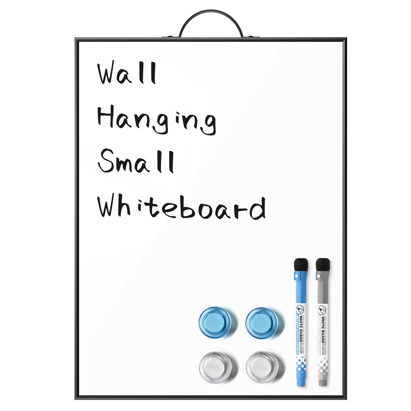 ANLIOTE Small Hanging Whiteboard for Wall Door, 40 x 30 cm Portable Dry Erase Board A3 Magnetic Surface with Handle, Aluminum Black Frame Notice Board for Home Kitchen, Office, School, 2 Marker Pens