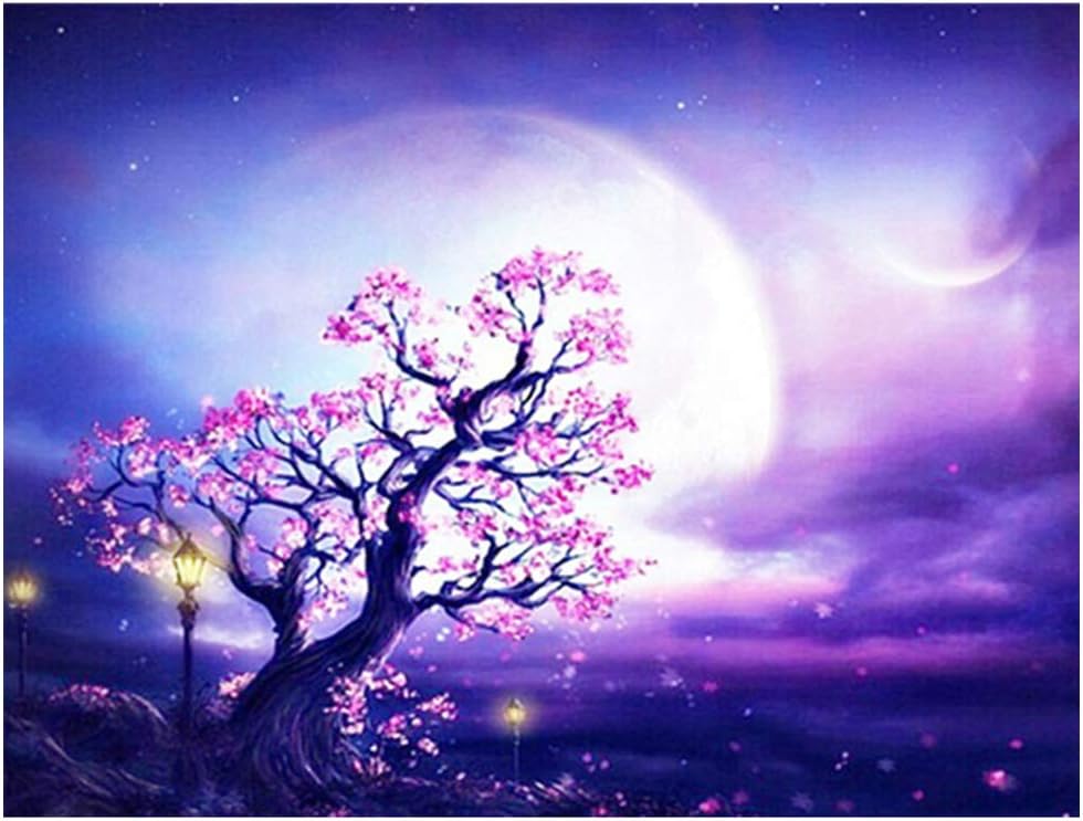 Full Drill Diamond Painting by Number Kits, Moon & Tree DIY 5D Embroidery Paintings Rhinestone Beads Dots Set DIY Art Painting Cross Stitch Arts Crafts for Adult Home Wall Decor, 12x16"