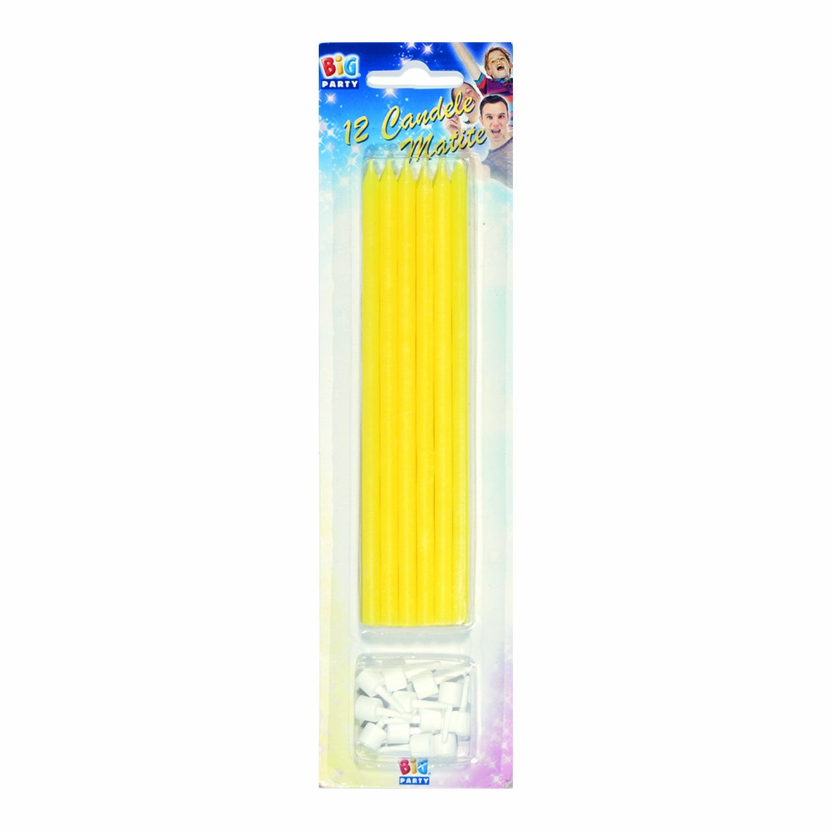 Big Party -12 Yellow Thin Candles with Stands, 71005