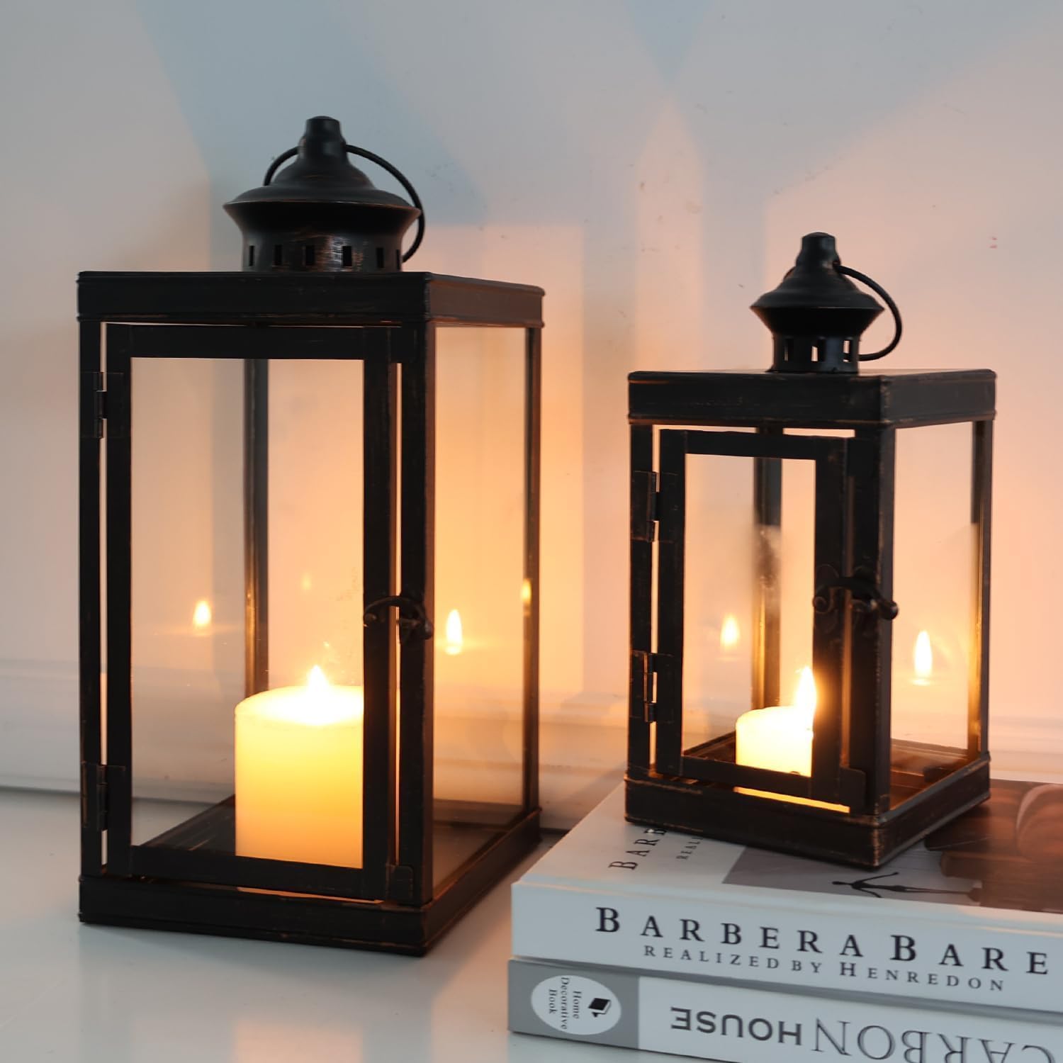 Photo 1 of DECORKEY Large Lantern Decorative Outdoor & Indoor, Set of 2 (14’’&10’’) Metal Candle Lanterns Decor, Vintage Hanging Candle Holder for Front Porch Patio Wedding Farmhouse Home, Spring Decoration