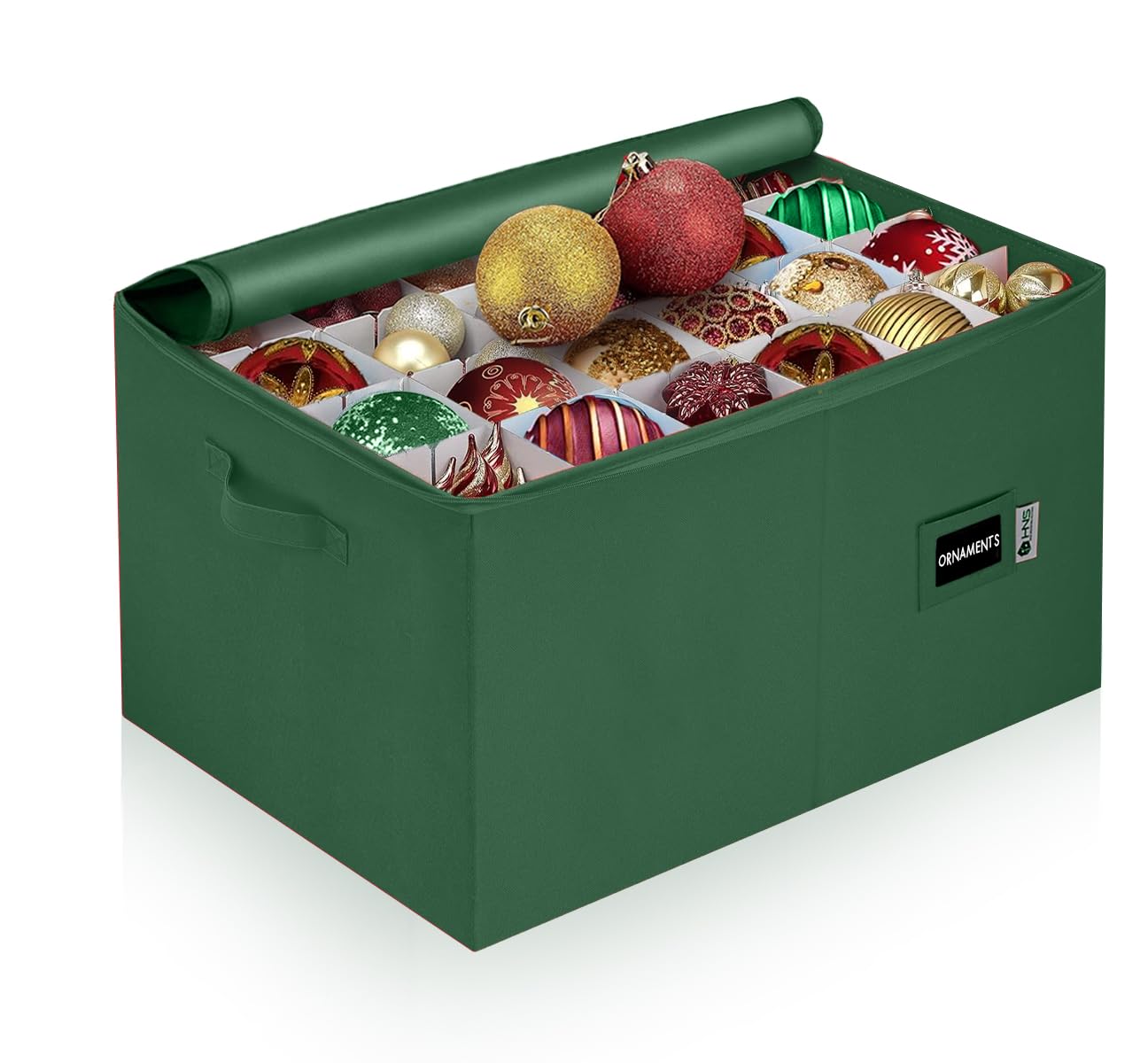 Christmas Ornament Storage Container with Dividers - Box Stores Up to 96 Ornaments, Zippered, Convenient, Adjustable, Large Organizer Bin to Protect Holiday Décor, Fits Most Standard Size, Green Image