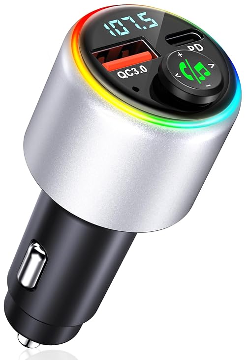 CIRYCASE Bluetooth Car Adapter, USB Car Charger, Bluetooth FM Transmitter for Music & Hands-Free Calls, Cigarette Lighter Compatible, Joystick Button Design with 7-Color LED Backlit