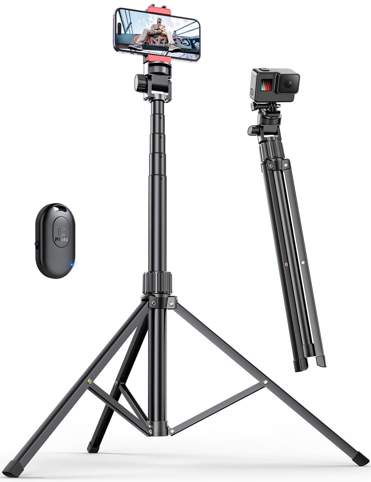 Pnitri 71'' Phone Tripod Stand, Extendable Reinforced Aluminum Phone Stand with Wireless Remote, Stable Cellphone Tripod for iPhone/Smartphones