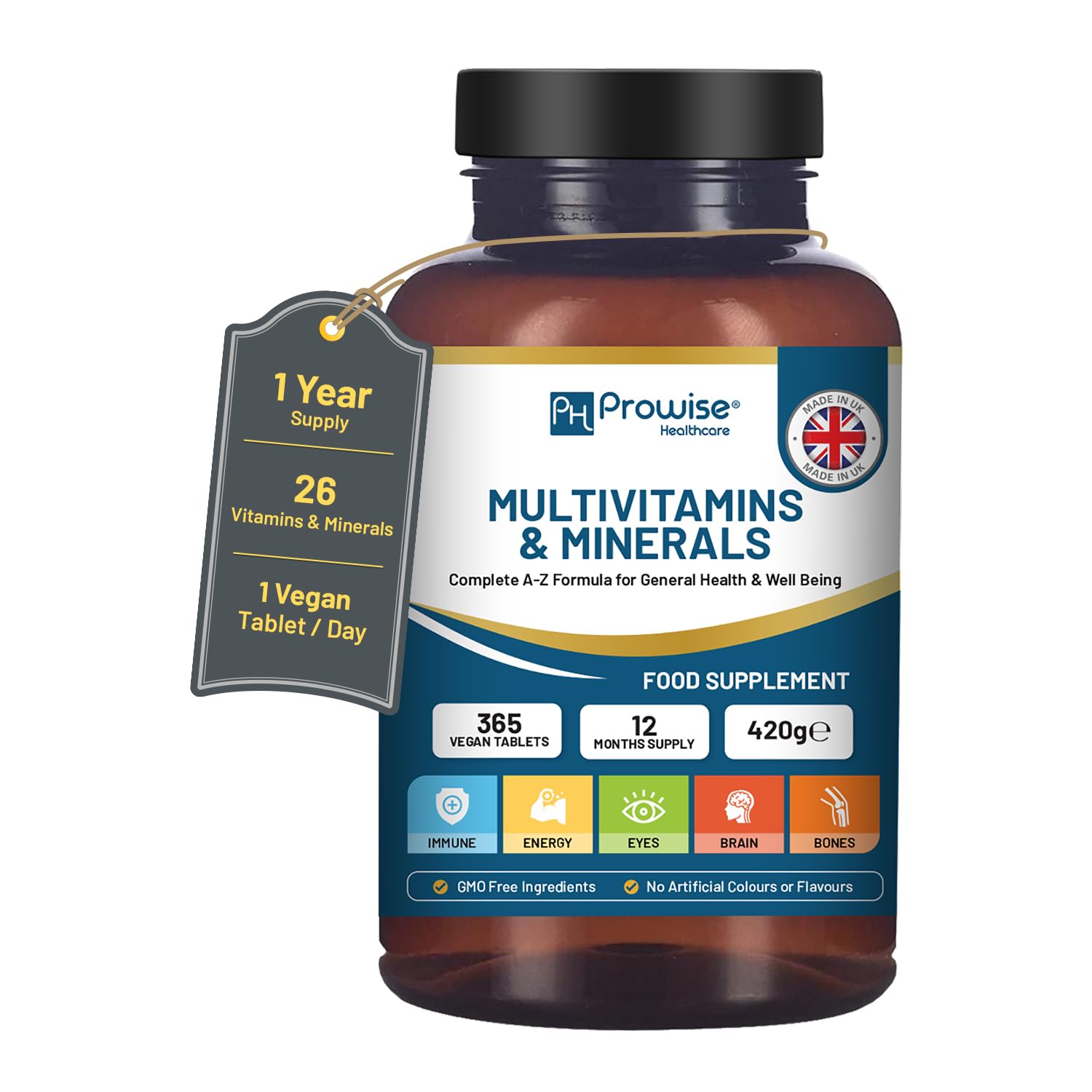 A-Z Multivitamins and Minerals I 365 Vegan A-Z Vitamins Tablets (1 Yr Supply) I 26 Essential Active Vitamins, Minerals & Micronutrients for Men & Women I Made in The UK by Prowise Healthcare