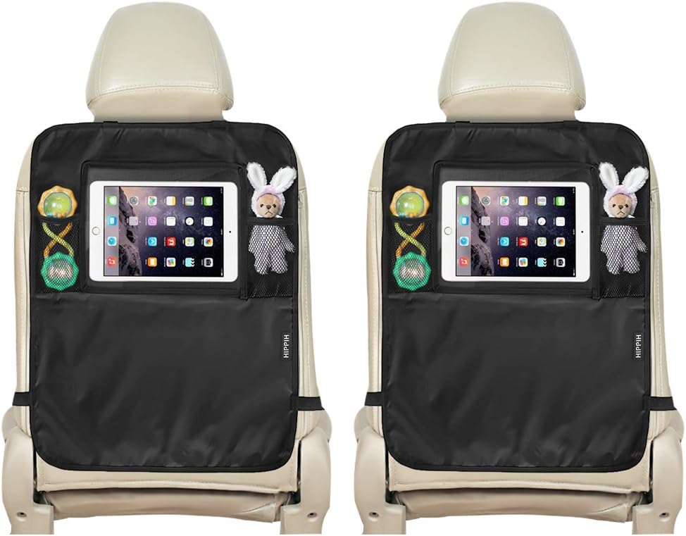 HIPPIH Auto Back Seat Protectors(Set of 2), Waterproof Kick Mat with A Tablet Hold, 2 Mesh Organizer Pockets, Standard Size Car Seat Back Protectors, Backseat Child Kick Guard Seat Saver