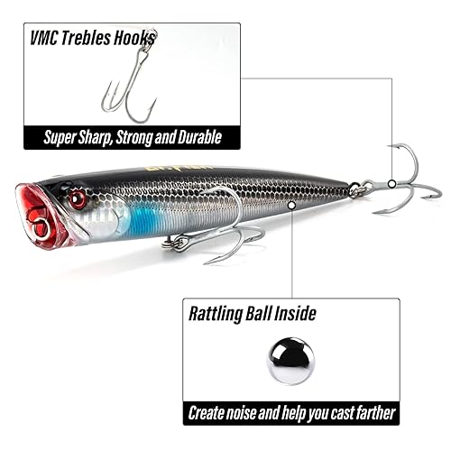 Dr.Fish Topwater Popper Lure – 5.5-Inch Saltwater Fishing Popper With VMC Hooks For Bass, Striper, Pike & Offshore Fish
