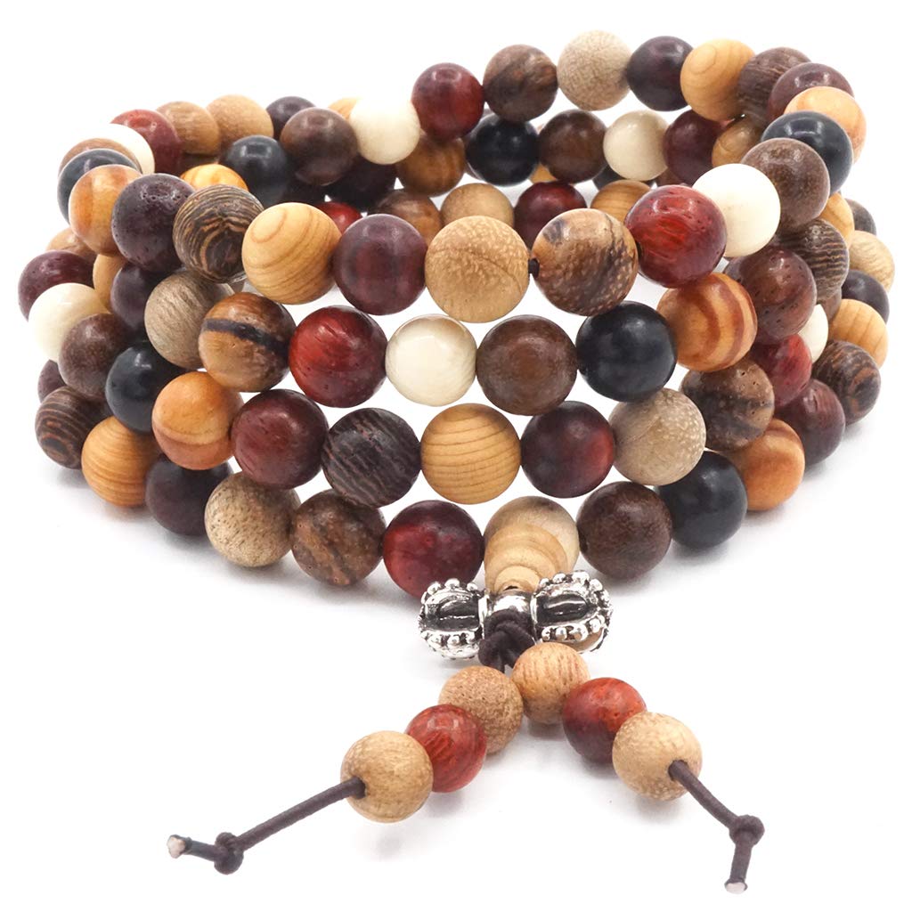 Thajaling 108 Natural Wood Beads Bracelet/Necklace Chain Rosary Multicolor Beads Tibetan Buddhist Buddha Mala Chinese Knot Elastic Bracelet for Man Woman