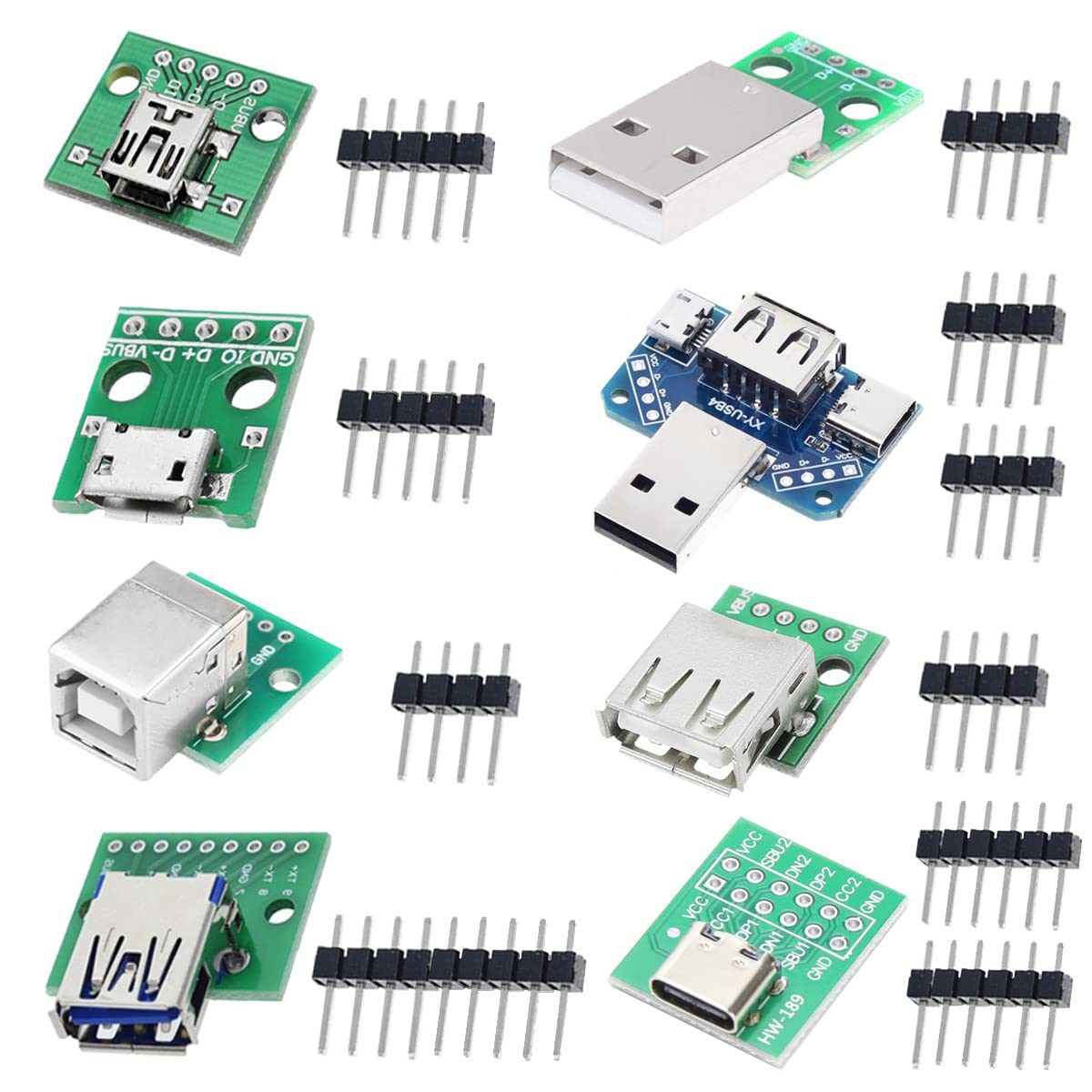 DAOKAI 8 Pcs USB to DIP Adapter 2.54mm USB Type-C/Type-B/USB 2.0 / USB 2.0 Male/USB 3.0 / Micro USB/Mini USB/USB 4 in 1 to DIP Converter Breakout Board with Pin Header