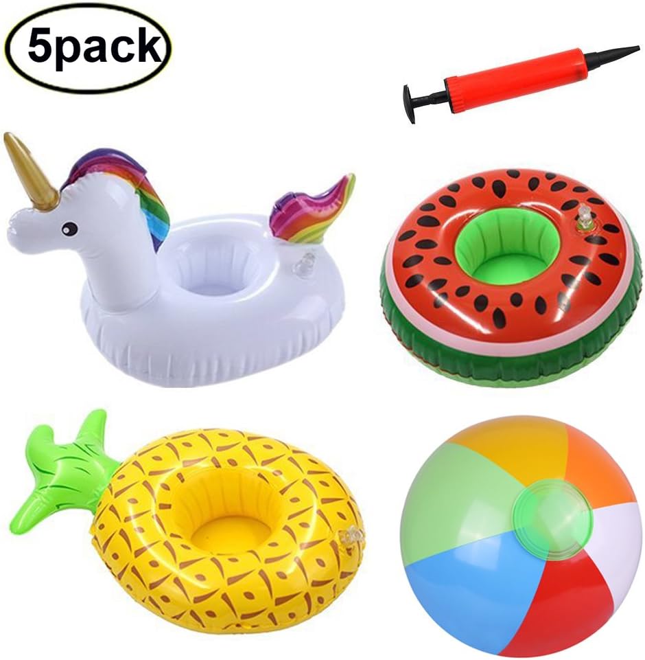 Swallowzy Swimming Pool Toy Set, 3PCS Inflatable Drink Float Holders with 1PCS Mini Air Pump and 1PCS Inflatable Beach Balls