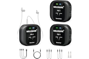 MELONARE Wireless in-Ear Monitor System - UHF 500MHz, Low Latency, Auto-Pairing, 1 Beltpack Transmitter & 2 Receivers, 10 Channels, Mono/Stereo Selection, IEM for Live Shows, Studio, Bands (PM-1-2R)