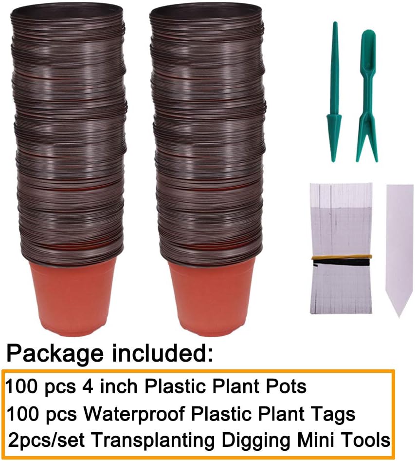 Huvai 100 Pcs 4" (10CM ) Plastic Seedlings Plants Nursery Pots with 100 Pcs Waterproof Plastic Plant Tags and 2Pcs/Set Transplanting Digging Mini Tools - Image 3