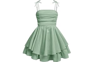 SHENHE Girl's Smocked Ruched A Line Swing Dress Layered Tie Shoulder Flowy Cami Short Dress