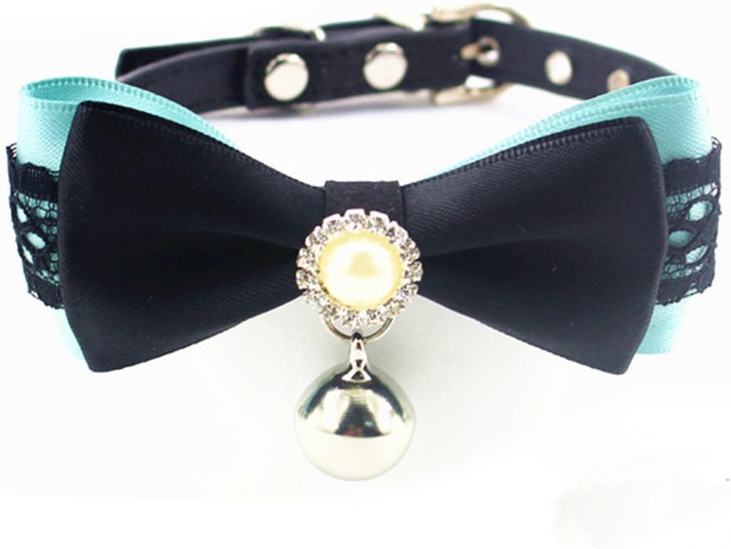 COCOPET Luxury Handmade Bling Rhinestone Japanese Kimono Bow Tie Collar with Bell Necklace Jewelry for Small Doggie Cats Puppies Girl Costume Blue (XS)
