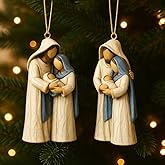 2-Pack Holy Family Nativity Hanging Ornament – Hand-Painted Resin Christmas Decoration, Religious Gift Keepsake for Xmas Tree, Wreath & Mantel – Mary, Joseph & Baby Jesus Figurine (Twin Holy Family)