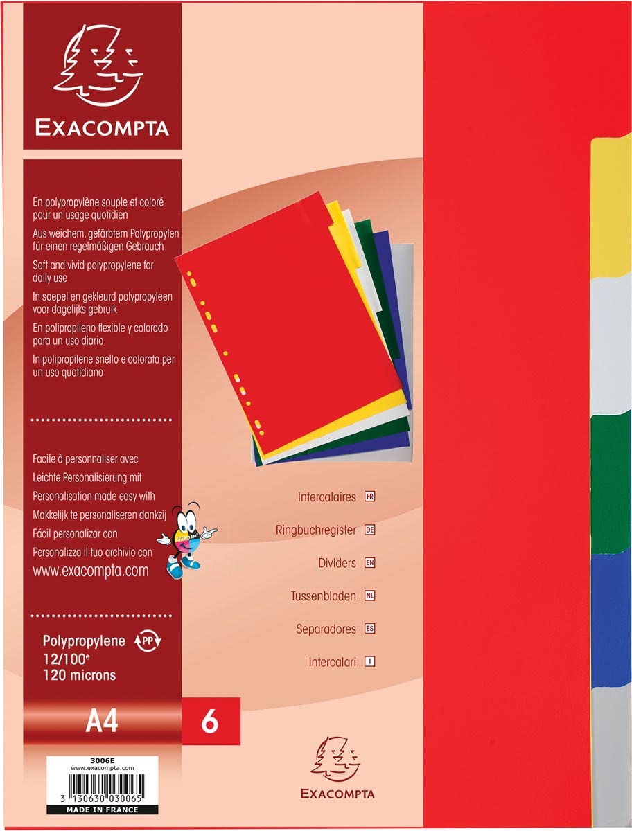 Exacompta - Ref 3006E - PP Document Dividers - Suitable for Use With A4 Documents, Made from Polypropylene, Pre-Punched & Pre-Printed - 6 Part Dividers - Multicoloured