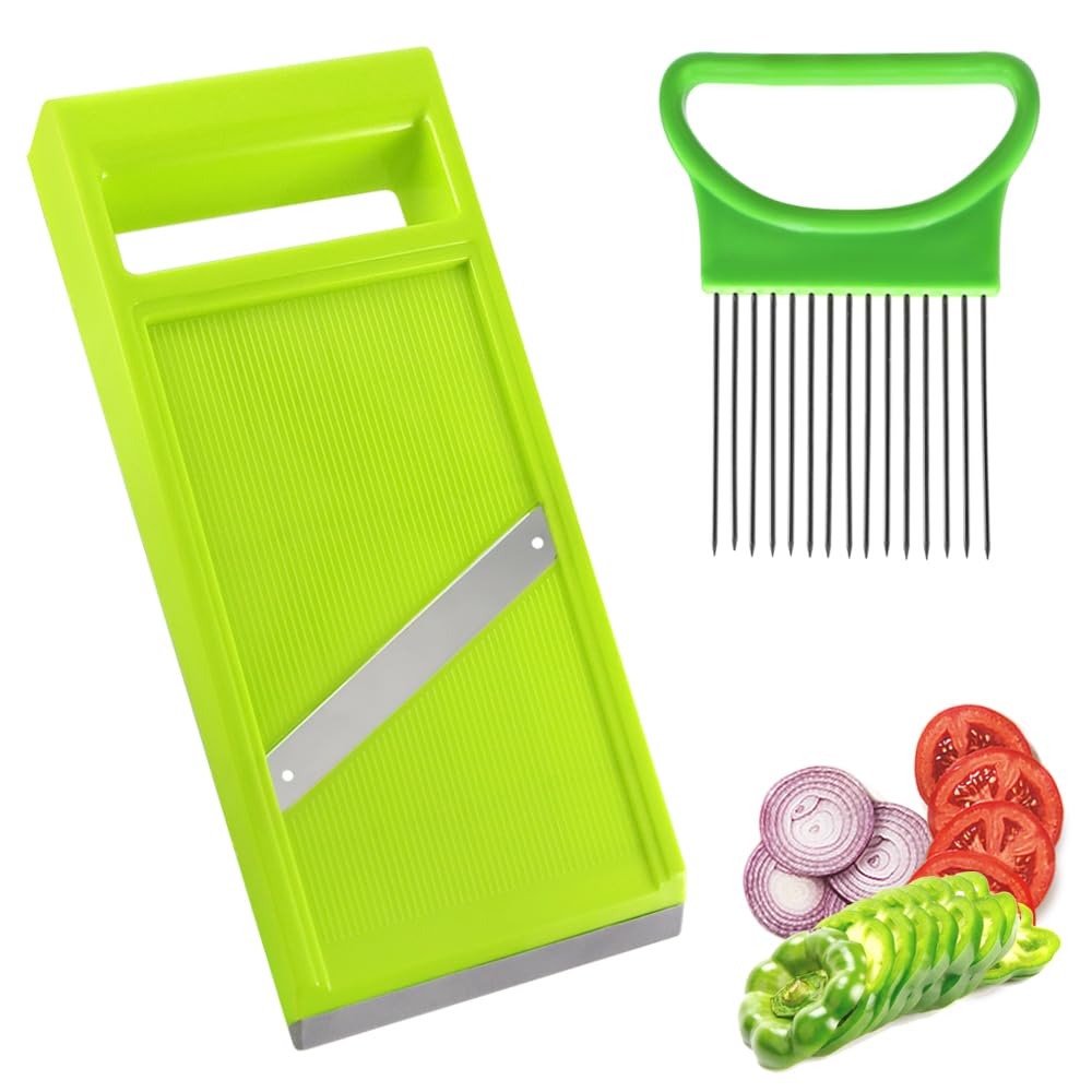 GYSRXS Vegetable Slicer Handheld Stainless Steel Cucumber Slicer with Onion Holder Portable Vegetable Cutter for Potatoes Cucumber Carrots Onions,27.3×10.7×2.2CM(Green)