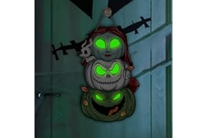 Deroro Halloween Glow in The Dark Jack Skellington Front Door Sign, Sally Monster Luminous Wood Door Hanger Outdoor Porch Decor, Jack O Lantern Pumpkin Wooden Wreath Indoor Wall Hanging Decoration