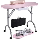 Joligrace Manicure Table Nail Desk Professional Foldable Portable Table | Nail Technician Workstation 4 Lockable Wheels with Drawer Client Wrist Pad Free Carrying Bag Travel Nail Tech Spa Table Pink