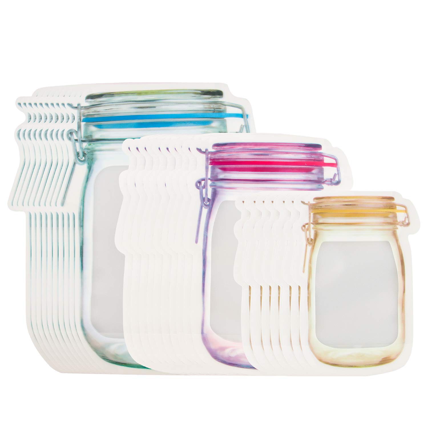 30 Pcs Mason Jar Zipper Bags, 3 Size Food Storage Bag Snack Sandwich Ziplock Bags, Reusable Food Saver Storage Bags Snacks Zipper Sealed Bags Fresh Bags for Travel Camping Picnic