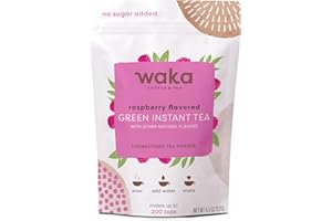 WAKA COFFEE Waka Premium Instant Tea — Raspberry Flavored Concentrated Green Tea Powder — No Sugar Added & Unsweetened — 100% Tea Leaves — 4.5 oz Bulk Bag for Hot or Iced Tea