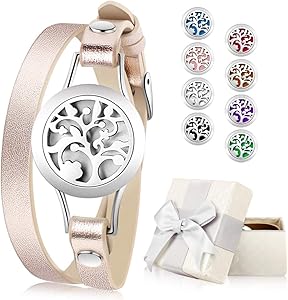 Essential Oil Diffuser Bracelet, Aromatherapy Bracelet Jewelry Stainless Steel Locket Leather Band with 8pcs Washable Refill Pads Birthday Gifts for Women,Girlfriend, Mother,Sister,Aunt