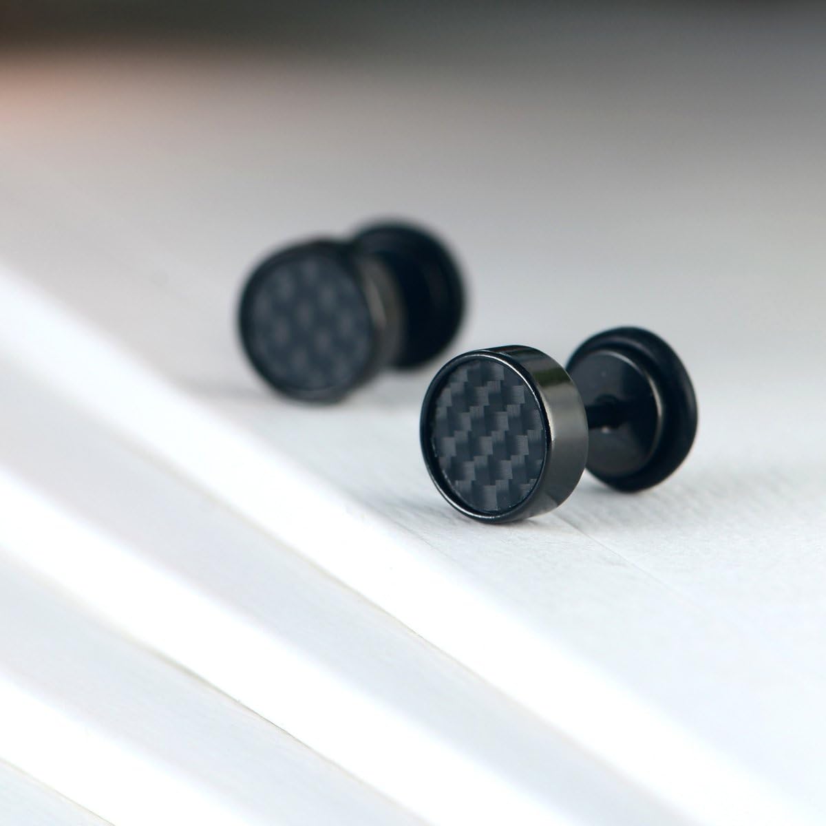 JewelryWe Mens Faux Gauge Earrings: 8mm Stainless Steel Ear Studs Silver Black Resin Carbon Fiber Tapers Cheater Faux Fake Ear Plugs Gauges Earrings for Men Women - Image 3