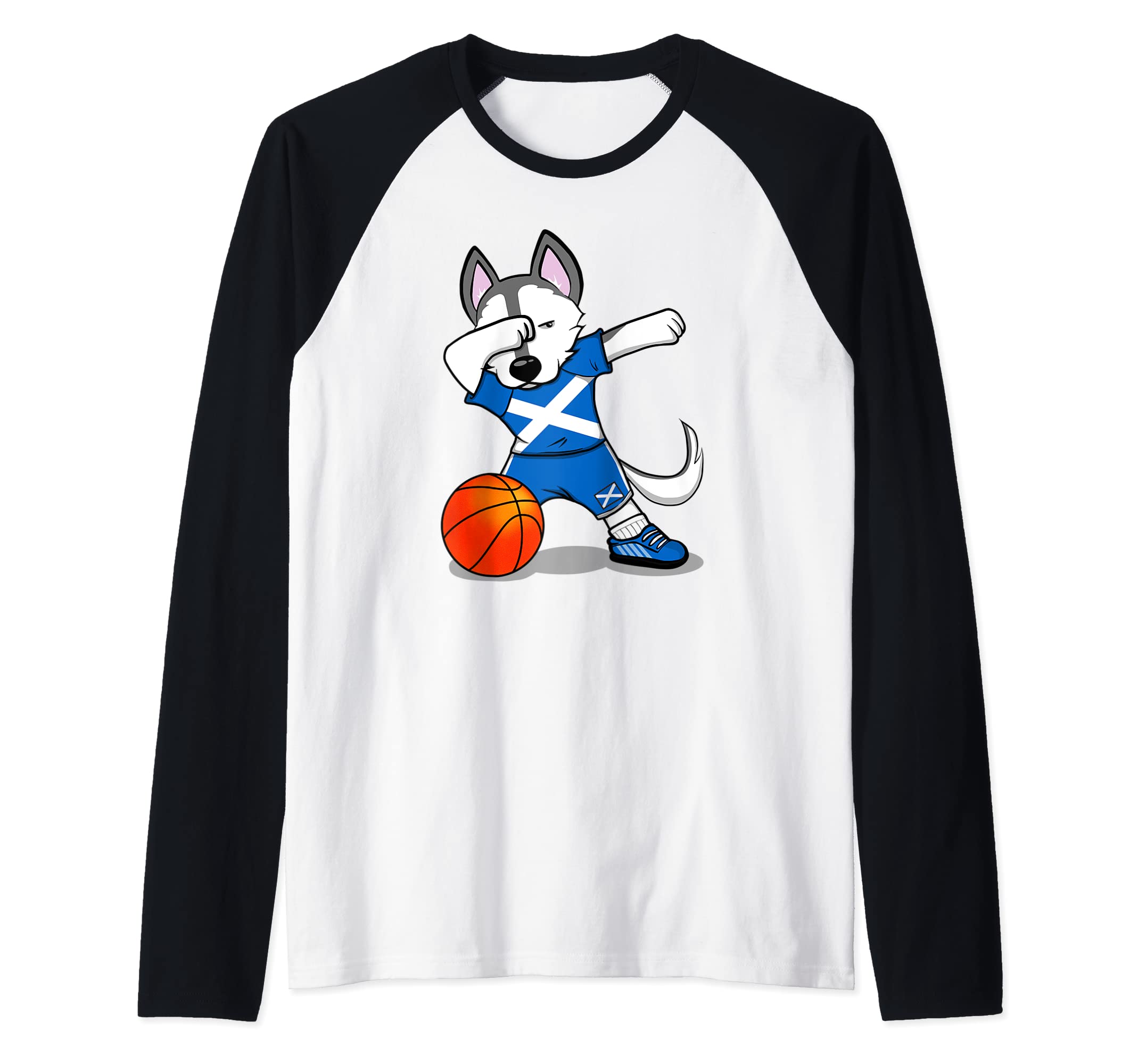 Dabbing Husky Scotland Basketball Fans Jersey Scottish Flag Raglan Baseball Tee