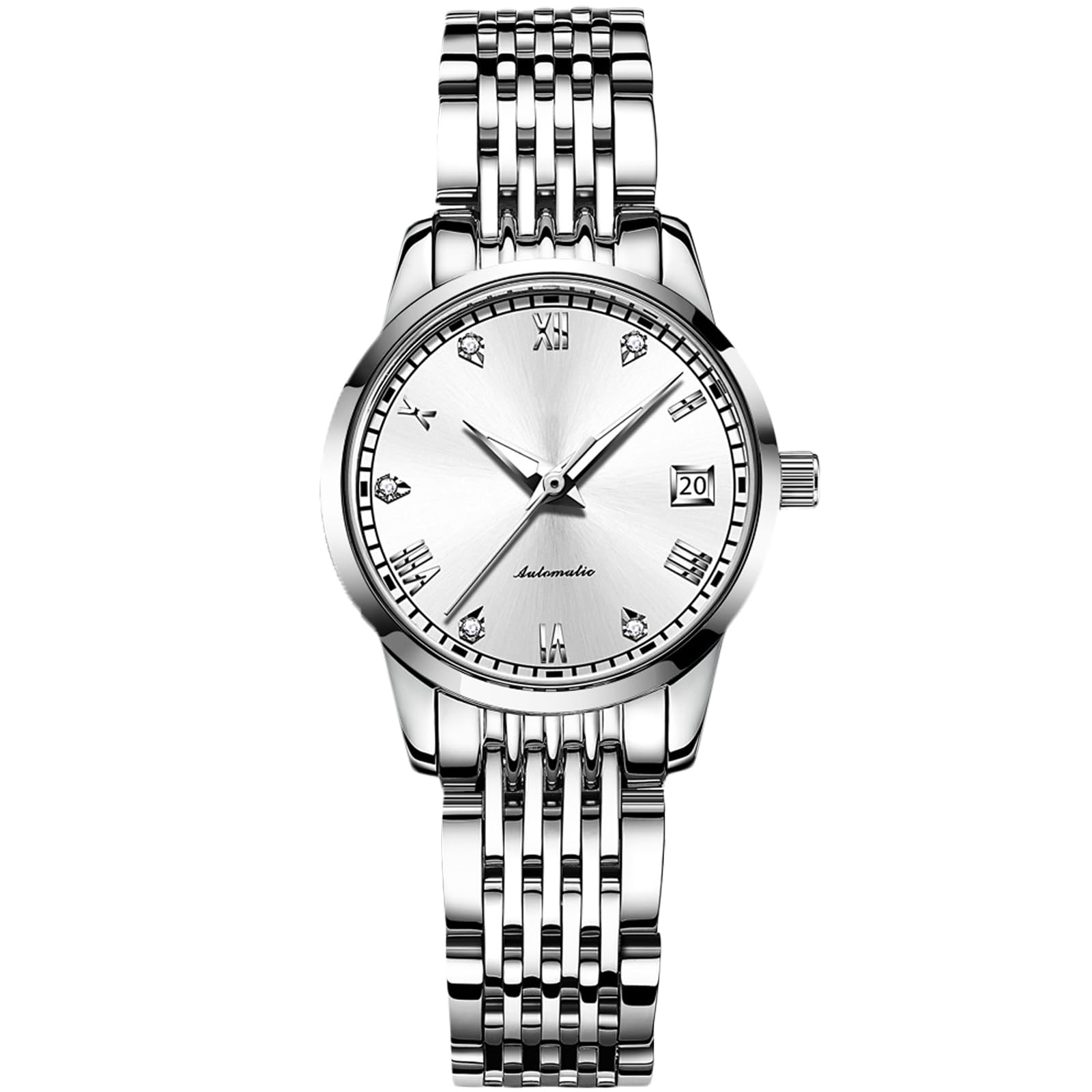 RORIOS Women's Automatic Winder Watch Luminous Roman Numerals Watch Stainless Steel Bracelet Fashion Waterproof Mechanical Watch, Silver B, Bracelet