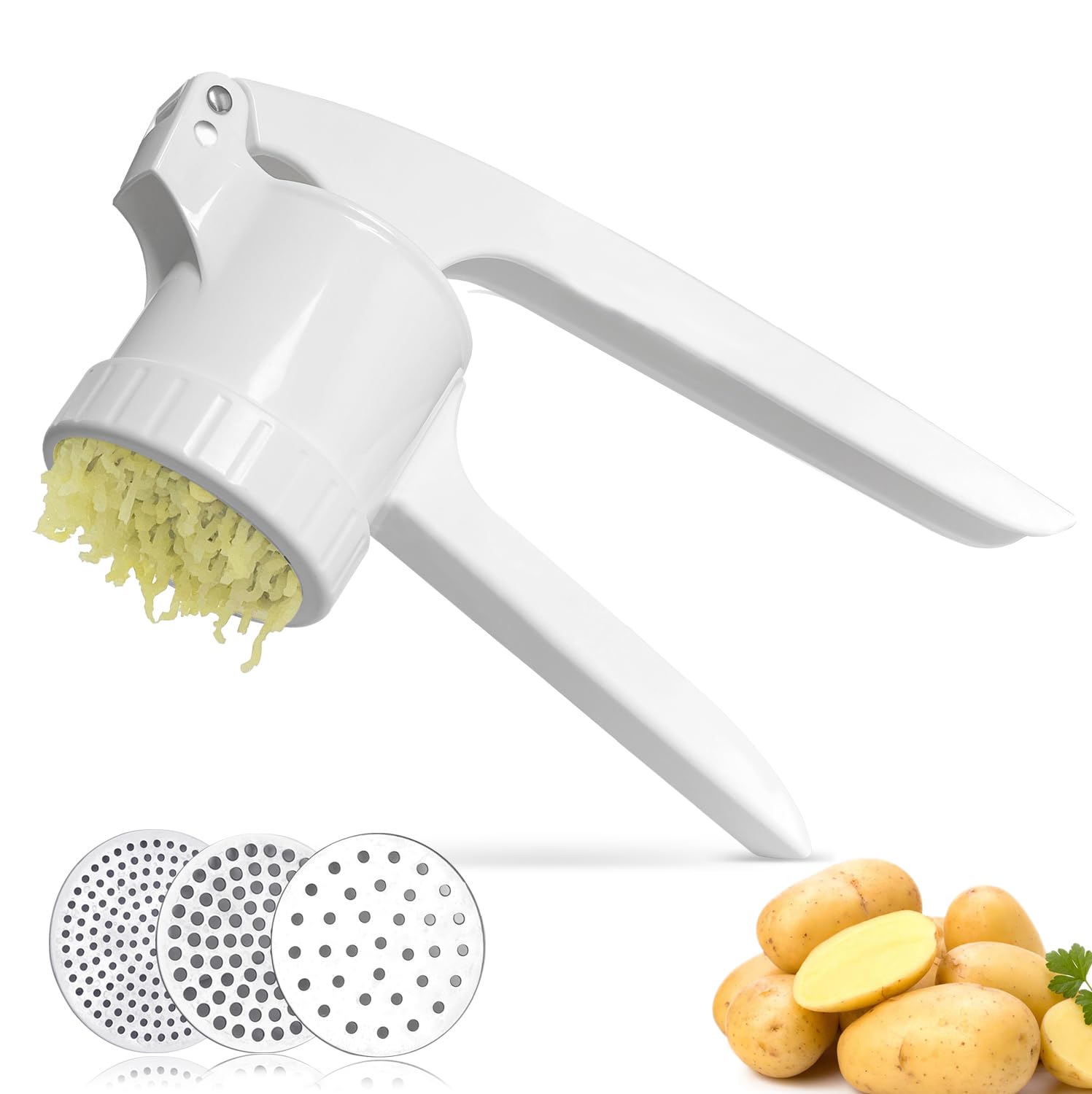 Photo 1 of LHS Potato Ricer, Potato Masher for Potatoes with 3 Interchangeable Discs, Large Capacity Potato Masher and Ricer Kitchen Tool for Fruit, Vegetables, Baby Food, White