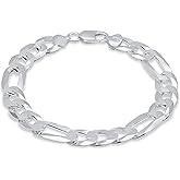 Aka Gioielli - Solid 925 Sterling Silver 11mm Diamond-Cut Figaro Link Chain - Bracelet for Men - Made in Italy