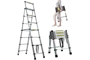Qimu Extension Step Ladder 6+7 Step(6.6ft + 7.5ft) Aluminum Herringbone A-Frame Telescoping Lightweight Portable Multi-Purpose Telescopic Anti-Slip 330lbs Load Capacity