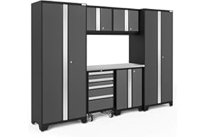 NEWAGE PRODUCTS INC. NewAge Products Garage Storage Cabinets Steel Bold Series 7 Piece Sets Includes Worktop, Multi-Use lockers, Wall, Base and Rolling Tool Cabinets, Gray, 50420