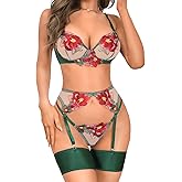 Kaei&Shi Floral Embroidered Garter Belt Set,Sheer Lingerie Sets for Women Sexy,Wedding Night Valentines Boudoir Outfits