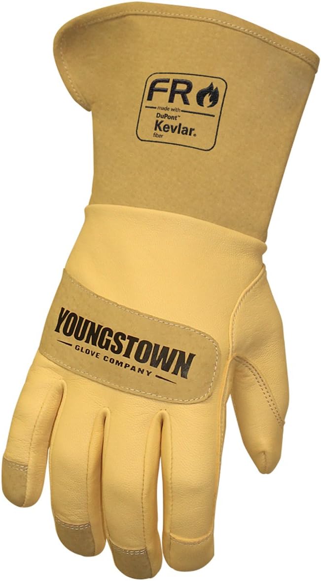 Youngstown Gloves Leather Utility Long Cuff Work Glove For Men - Kevlar Lined - Cut, Puncture, Flame Resistant, Arc Rated - Black/Tan, Medium