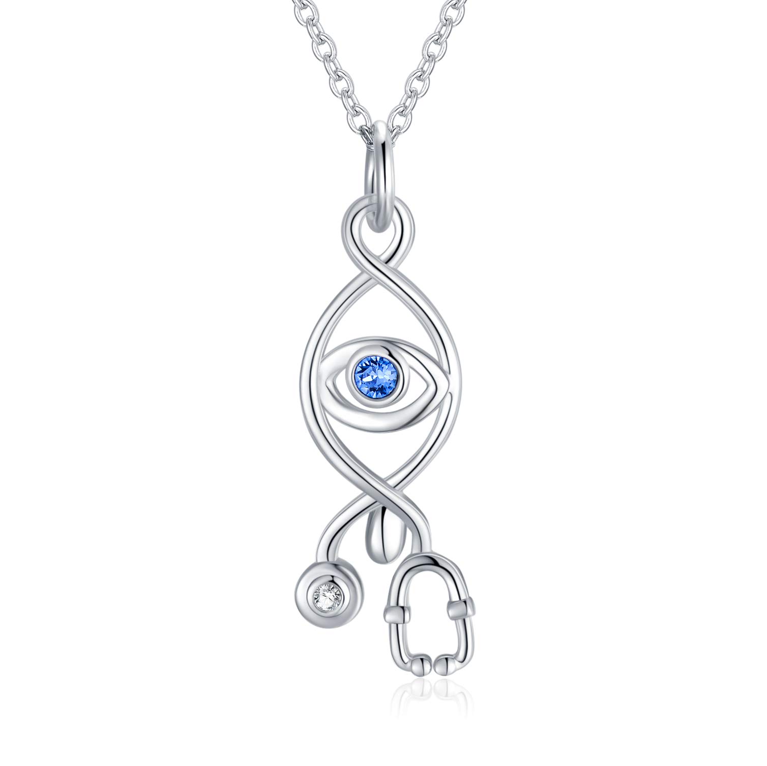 AOBOCO 925 Silver Evil Eye Necklace Crystal Stethoscope Jewelry gift for Nurse Doctors Medical Students 45+5cm Chain Extendable