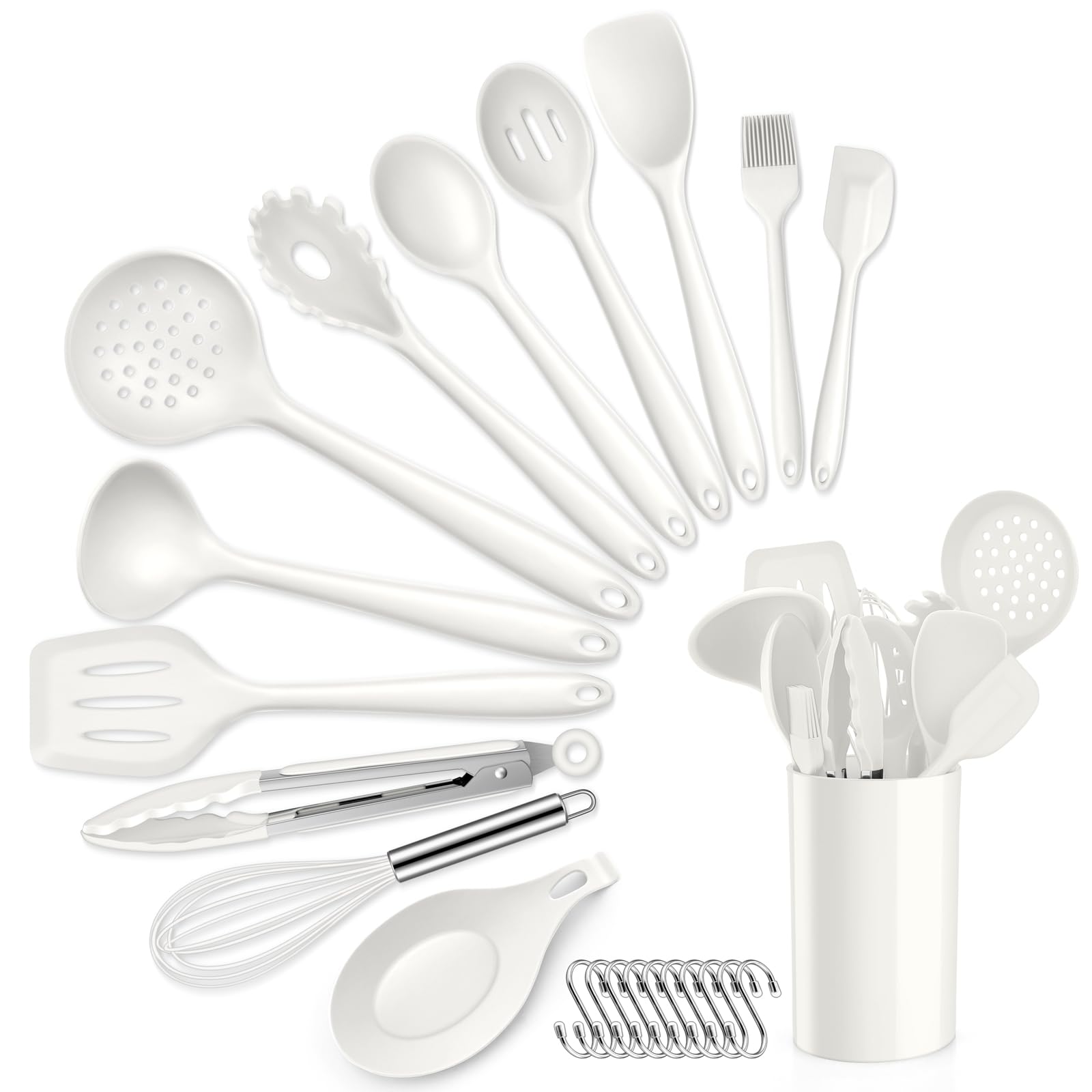 HaWare Silicone Kitchen Utensils Set, 13 Piece White Cooking Utensils Set with Holder, Heat Resistant Kitchen Tools Include Turner Spatula Spoon, Non-Stick Cookware Friendly & Dishwasher Safe
