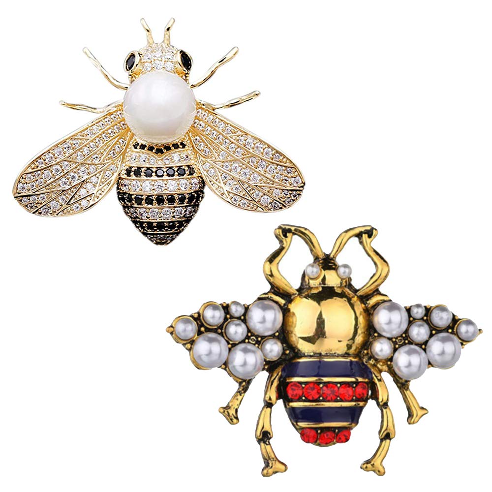 CAREOR 2 Pack Rhinestone Pearl Bee Brooch Pins Honey Bee Pendant/Brooch Fashion Crystal Insect Pins Golden or Silvery for Women (Gold+Red)