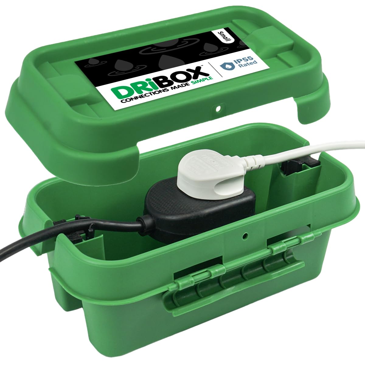 DRiBOX Small IP55 Weatherproof Outdoor Electrical Connection Box 25.5 x 14.1 x 10.2cm – Power Cord Enclosure for Christmas Lights, Timers, Extension Cables, Leads, Reels, Transformers (Small, Green)