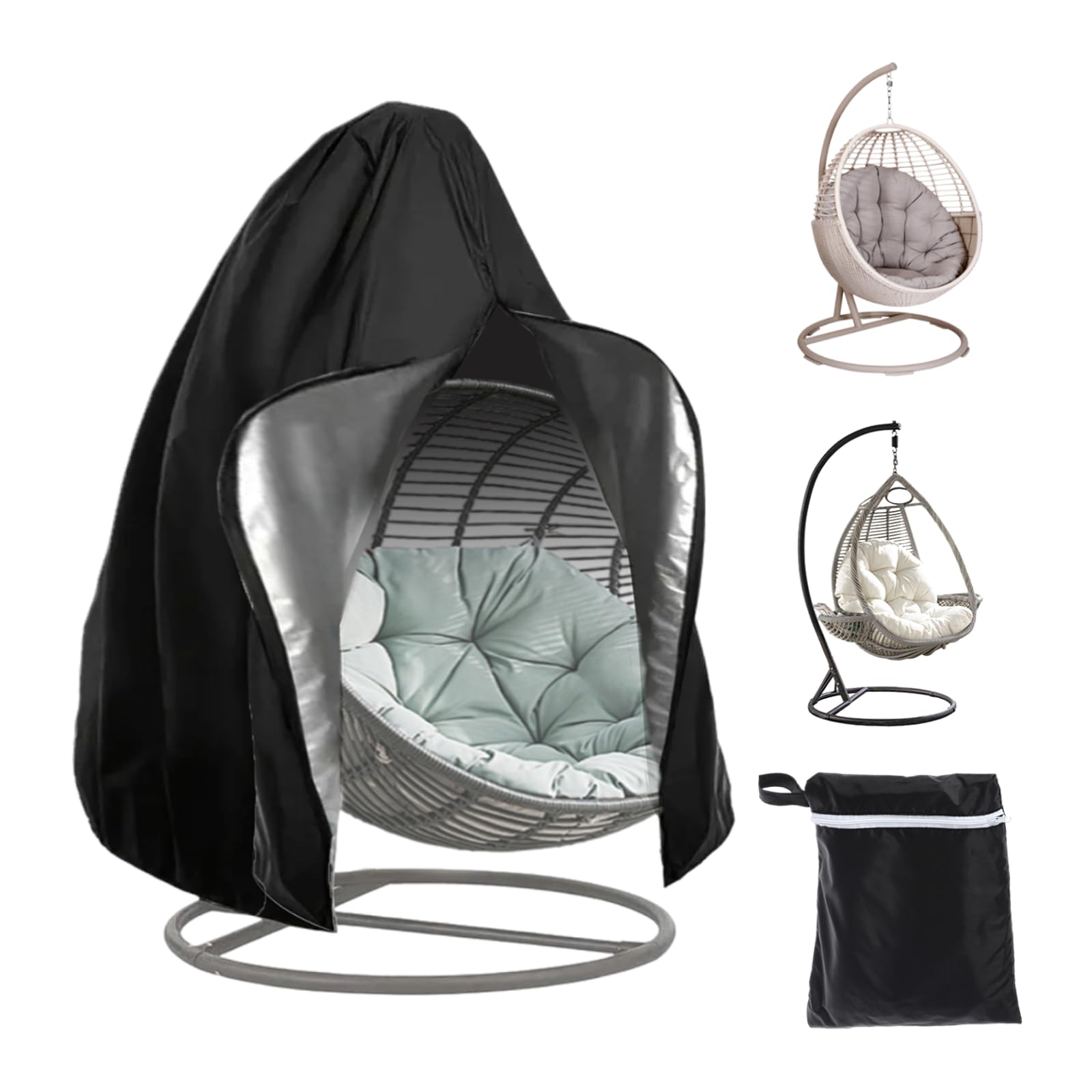 Patio Hanging Chair Cover with Zipper, Waterproof Wind-Proof Anti-UV Swing Egg Chair Cover, Oxford fabric Heavy Duty Outdoor Wicker Single Seat Egg Chair Covers, 190 x 115 cm (Black)