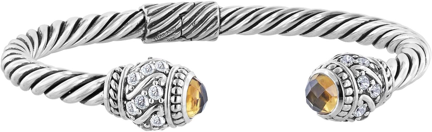 Bali RoManse Sterling Silver Gemstone Cable Cuff Bracelet
