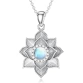 OUTANG Lotus Necklace for Women 925 Sterling Silver Moonstone Lotus Flower Pendant Necklace Moonstone Jewelry Gift for Mom Wife