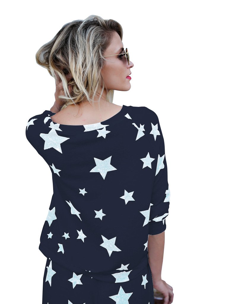 Mycherish Women Round Neck Cotton Flannel Pajamas Two Pieces Set with Star Pattern X-Large Cyan