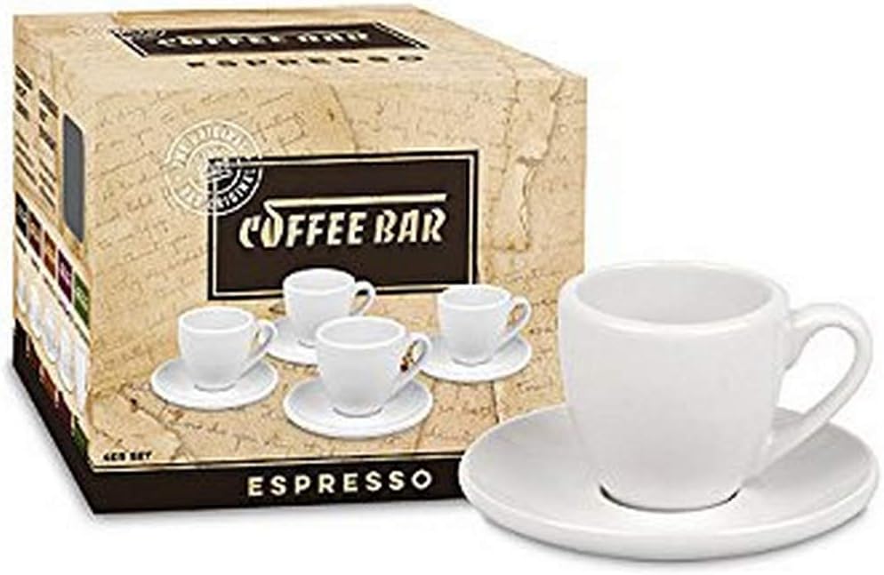 KonitzTwo Giftboxed Coffee Bar Espresso Cups and Saucers (Set of 4), 4 Count (Pack of 2), White
